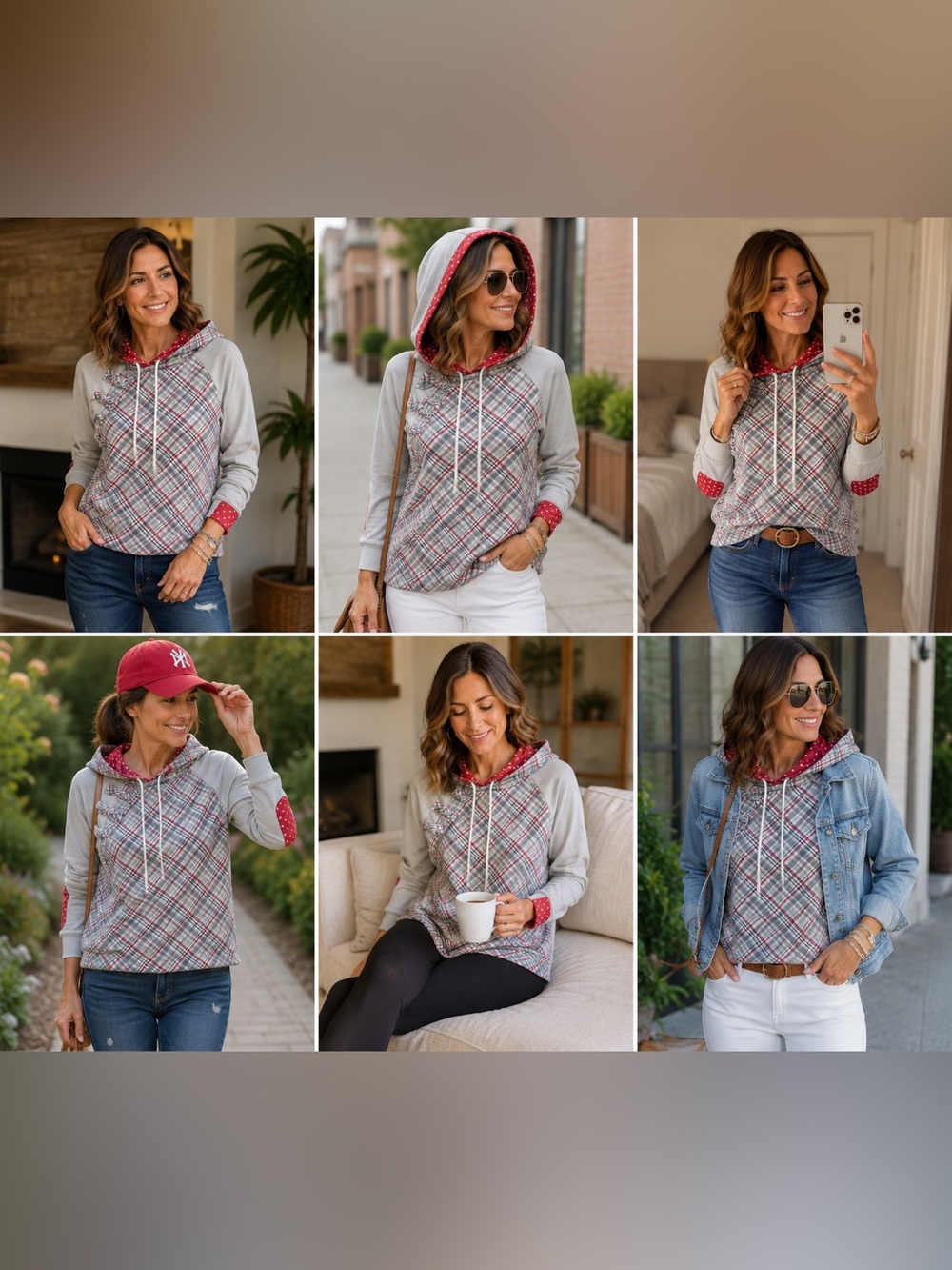 Rogue Gray Plaid Hooded Sweatshirt with Red Trim - Women